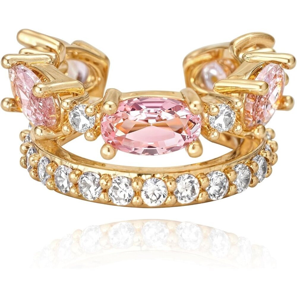 14K Gold Plated  Pink Zircon Diamond Turquoise Cuffs Non Piercing Earrings